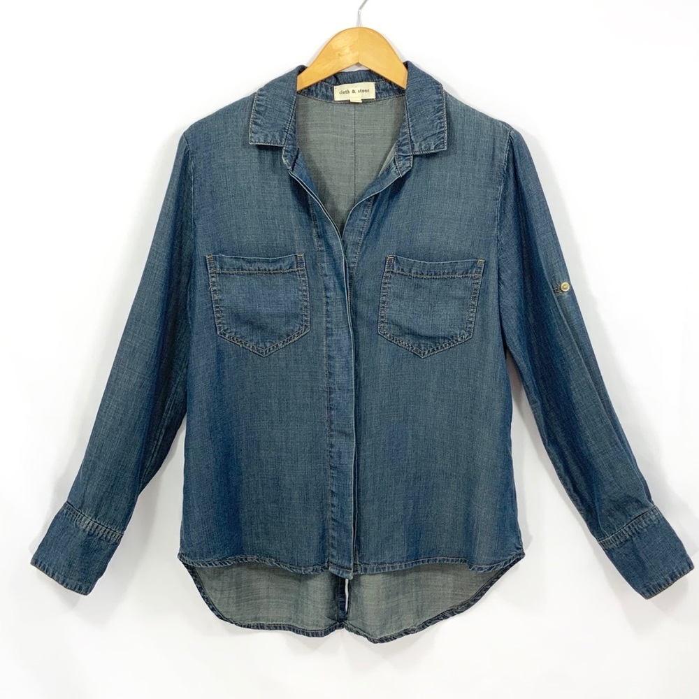Anthropologie CLOTH & STONE Long Sleeve Button Down Top Chambray Denim Tencel D3 - Picture 3 of 9
